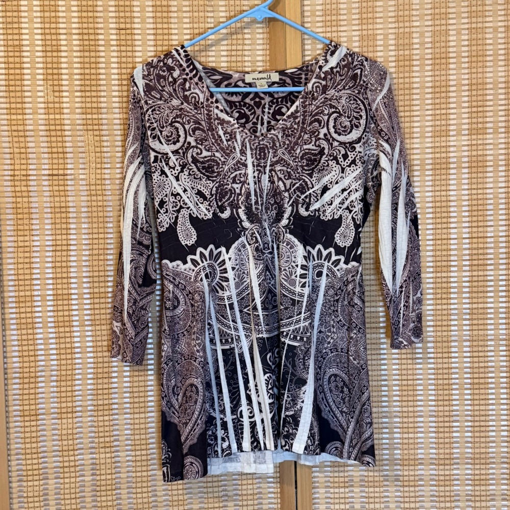 One World Women Brown Cream Paisley V-Neck 3/4 Sleeve Top Small Boho Arsty